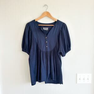 Anthropologie Elinor Short Puffy Sleeve Top Navy Blue M